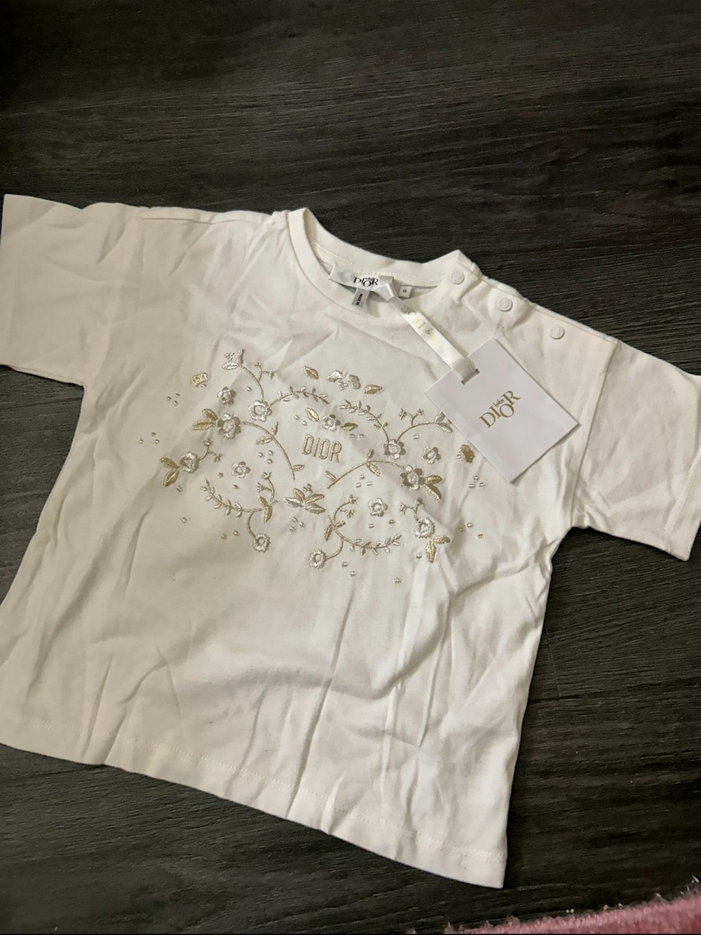 Dior Kids White Tee with Gold Embroidered Floral Logo
